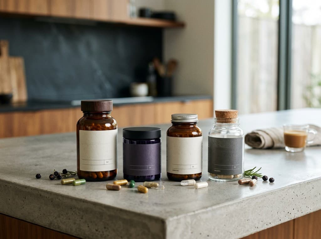 A lineup of unbranded supplement bottles on a kitchen counter - comparing the best testosterone supplements of 2026