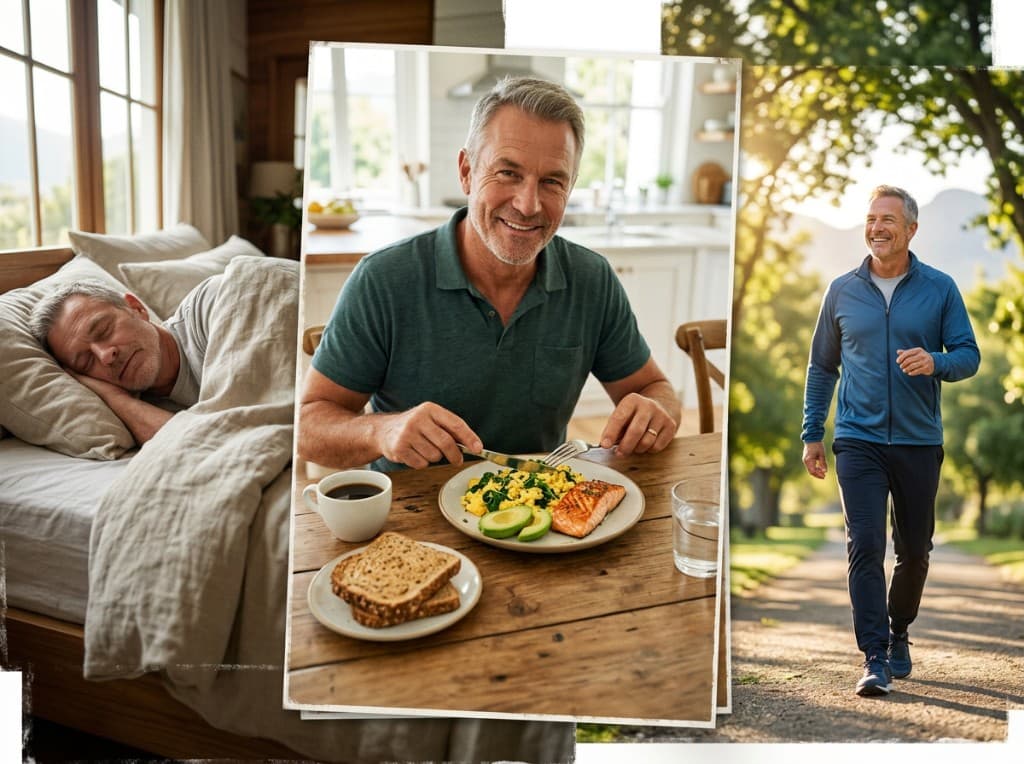 Lifestyle collage of a man sleeping, eating a protein-rich meal, and jogging outdoors - natural ways to boost testosterone
