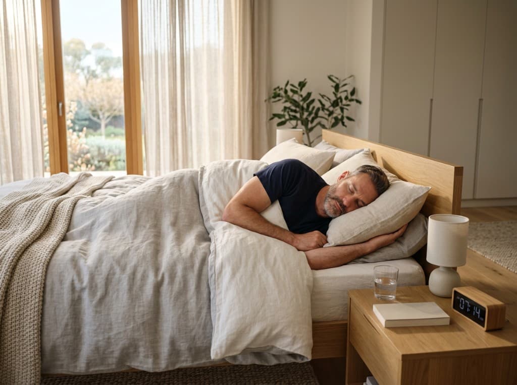 Man in his 40s sleeping peacefully in a bright, calm bedroom - the link between quality sleep and testosterone