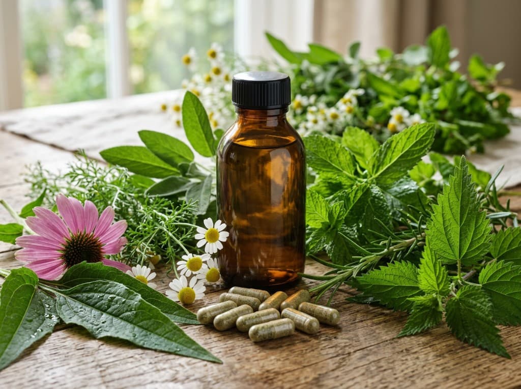 Amber supplement bottle surrounded by fresh medicinal herbs and flowers on a wooden table - the botanical theme behind Acacetin