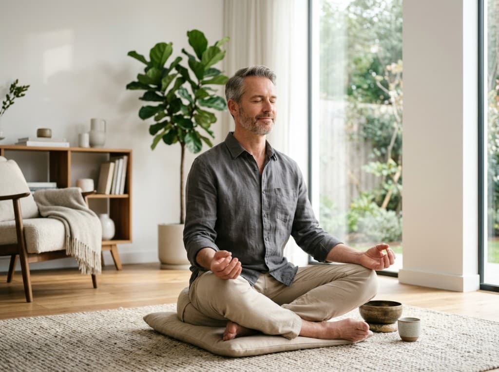 Man in his 40s meditating calmly on the floor of a bright living room - managing stress and cortisol to support testosterone