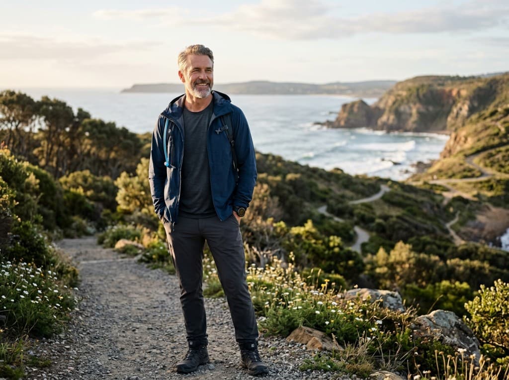 Confident, energetic man in his late 40s standing on a coastal hiking trail at sunset - realistic Critical T expectations