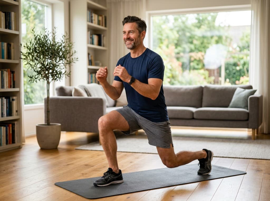 Fit man in his 40s doing a lunge workout in a bright living room - staying active and supporting testosterone with age