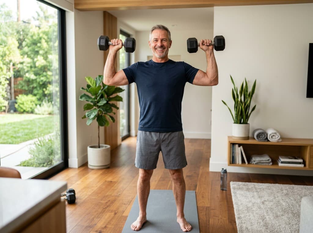 Fit man in his late 40s doing a dumbbell shoulder workout in a bright home setting - training and testosterone support
