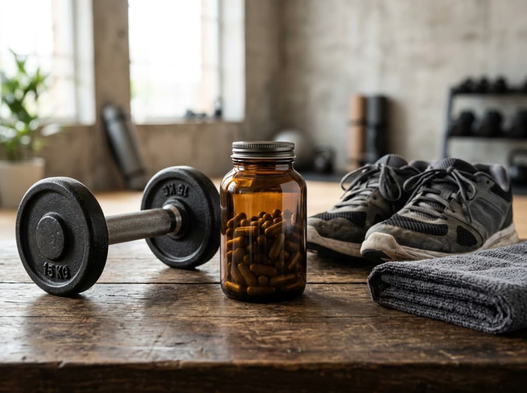 Amber supplement bottle with capsules beside a dumbbell and training shoes on a wooden table - comparing Critical T and EndoPeak
