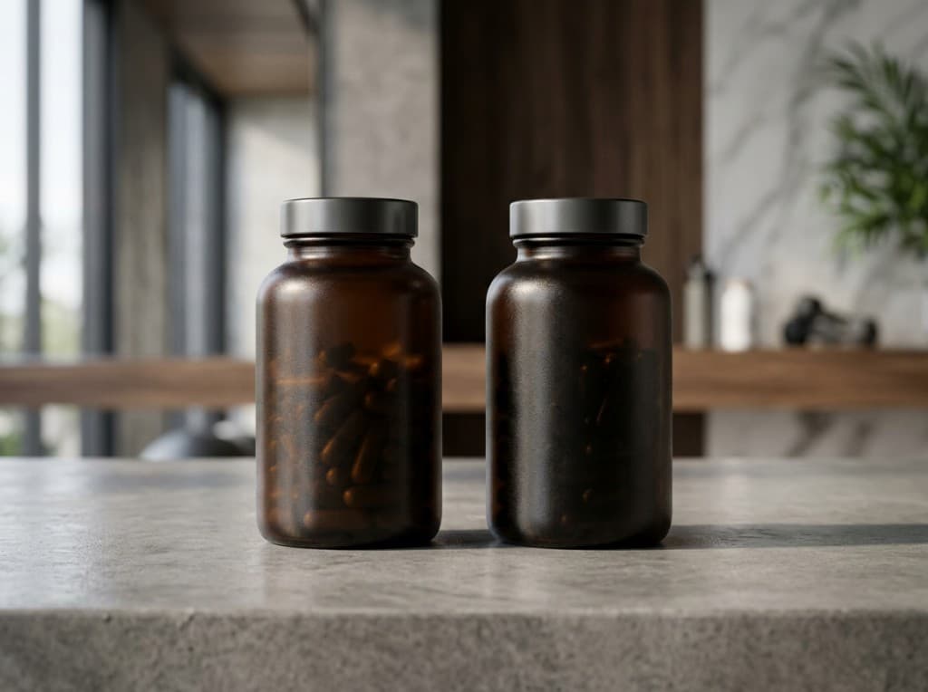 Two unbranded amber supplement bottles side by side on a stone counter - comparing Critical T and Nugenix