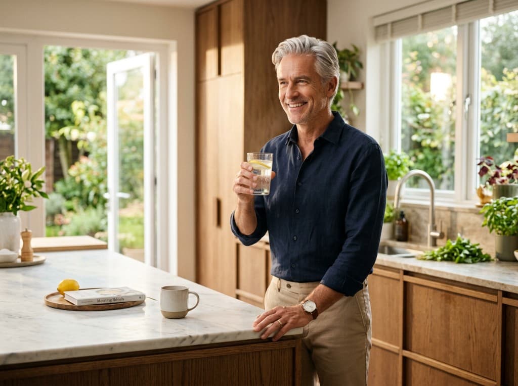 Confident silver-haired man in a bright kitchen holding a glass of water - comparing Critical T and Prime Male for men over 40
