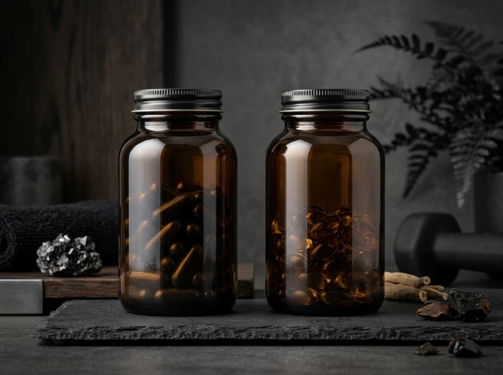 Two amber supplement jars on a dark slate surface with botanicals and a dumbbell - comparing Critical T and Testo-Max