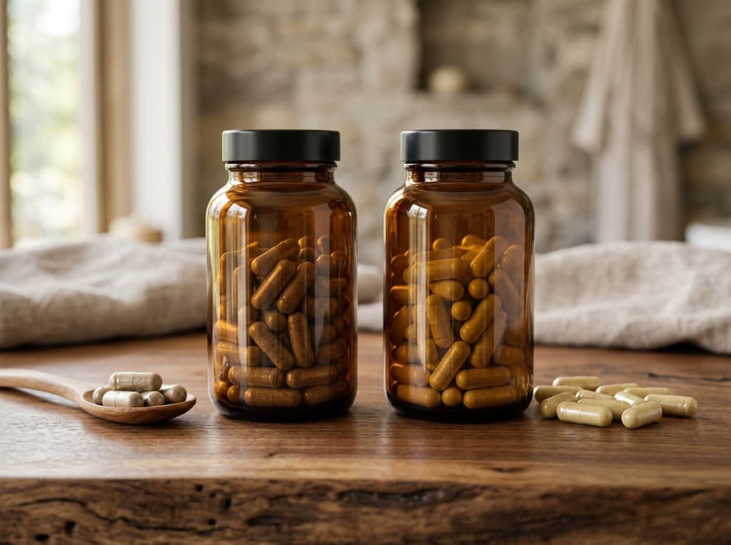 Two amber supplement jars filled with capsules on a wooden table in a bright room - comparing Critical T and TestoFuel