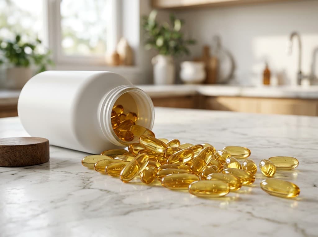 Supplement capsules spilling from a white bottle on a marble kitchen counter - comparing Critical T and TestoGen