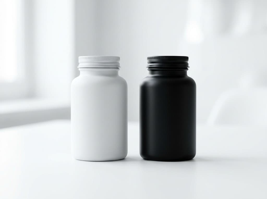 Two unbranded supplement bottles side by side on a clean white surface - comparing Critical T and TestoPrime