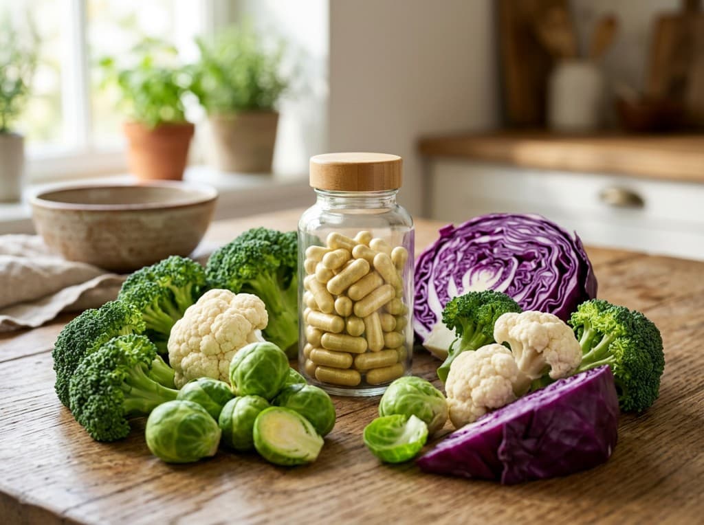 Cruciferous vegetables - broccoli, cauliflower, Brussels sprouts, red cabbage - beside a jar of capsules, the dietary source of DIM