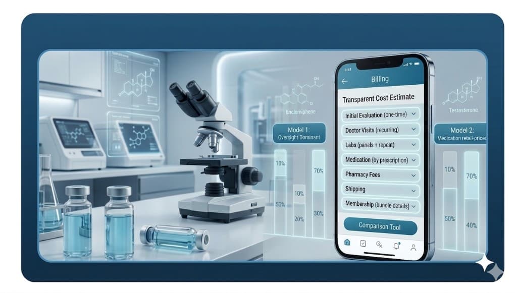 Smartphone billing app with transparent cost line items beside a lab setting—testosterone and enclomiphene context