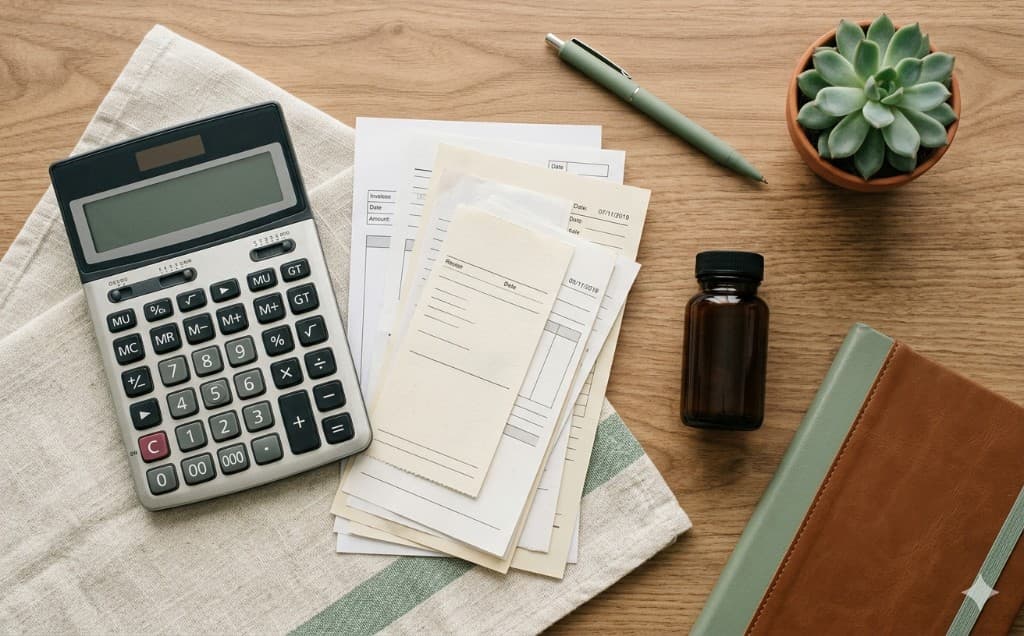 Desk with calculator, medical receipts, and a small medicine bottle—healthcare budgeting context
