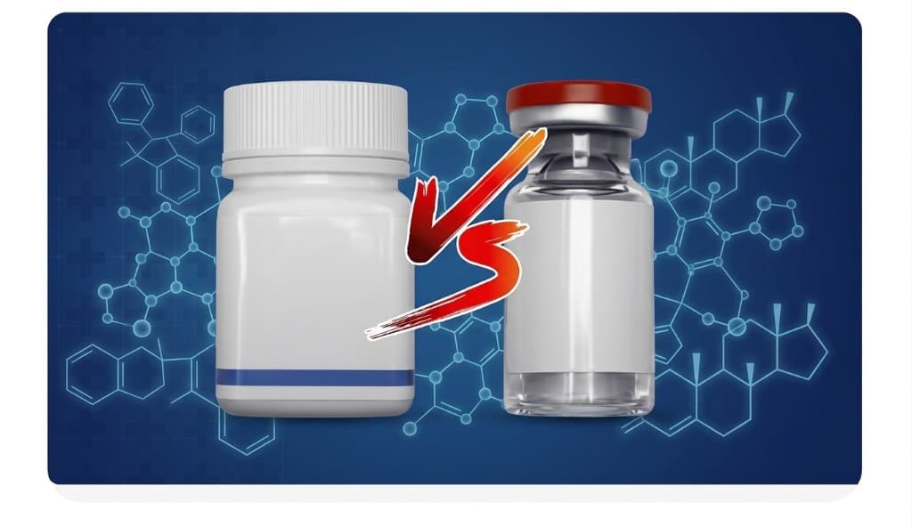 Illustration comparing a pill bottle and an injection vial with a VS symbol—different medication delivery formats