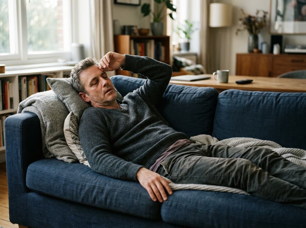 Tired man in his 40s resting on a couch at home, rubbing his forehead - illustrating fatigue as a sign of low testosterone