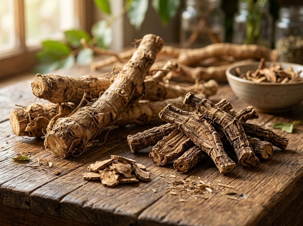 Dried Tongkat Ali (Eurycoma longifolia) root and slices on a rustic wooden table - the key testosterone-support botanical